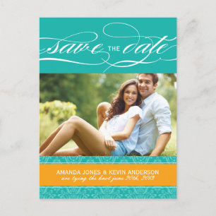 Jade und Orange Damask Save the Date Ankündigungspostkarte