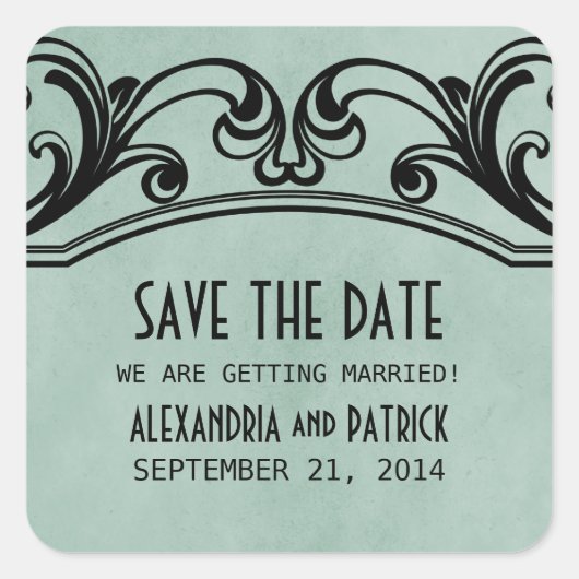 Jade Vintag Wirbel Save the Date Stickers (Vorderseite)