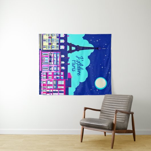 J'adore Paris - Fantasy Paris Unter dem Vollmond Wandteppich (Beispiel (Horizontal))