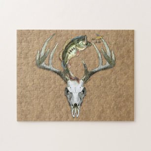 Jagd Angeln Bass springt über Totenkopf Hirsch Gew Puzzle