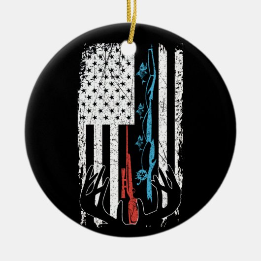 Jagd auf Hirsch unter amerikanischer Flagge Keramik Ornament (Vorne)