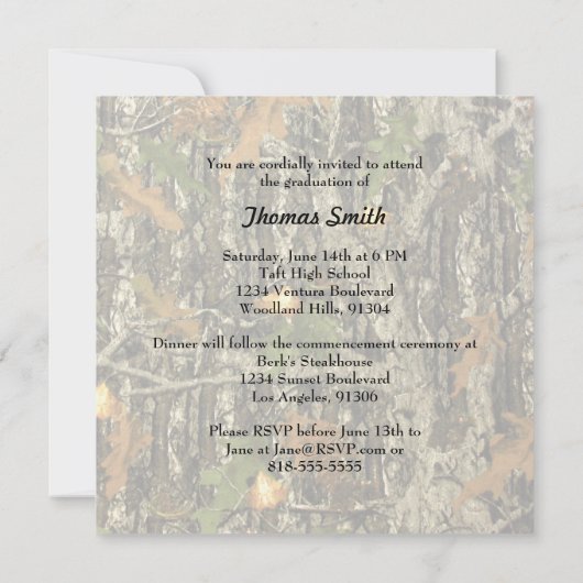 Jagd-Camouflage-Abschluss-Party Einladung (Rückseite)