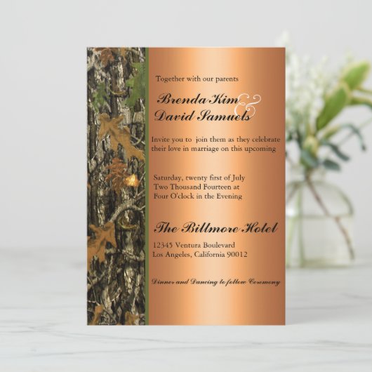 Jagd Camouflage Blätter Hochzeitsreise Einladung (Stehend Vorderseite)