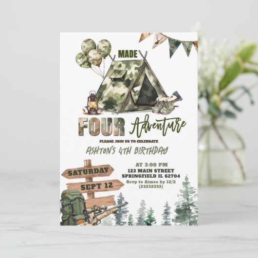 Jagd Made VIER Abenteuer Geburtstag Einladung (Stehend Vorderseite)