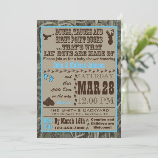 Jagen Camouflage Babyboy Dusche Einladungen Blau (Stehend Vorderseite)