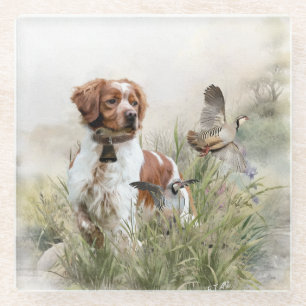Jagen mit einem Bretagne-Hund, Kunst Glasuntersetzer
