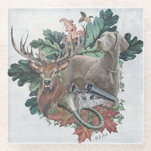 Jagen mit einem Weimaraner, "Grauer Geist" Glasuntersetzer (Vorderseite)