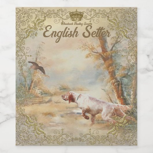 Jagen mit englischem Setter im Wald, Ar Weinetikett (Einzelnes Label)