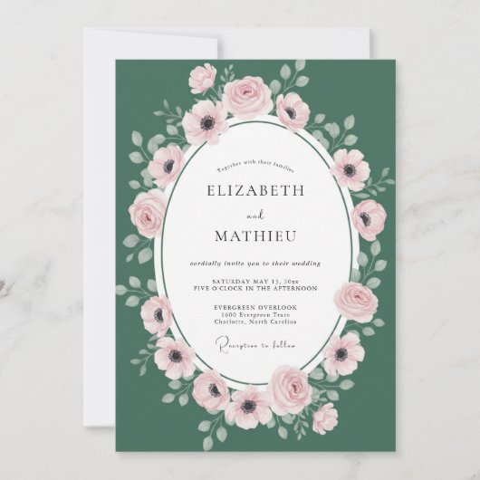 Jägergrüne Blush-Kranz-Hochzeit Einladung (Vorderseite)