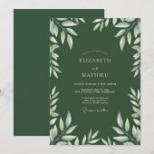 Jägergrüne Hochzeit mit Blättern Einladung (Vorne/Hinten)