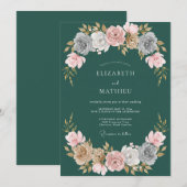 Jägergrüne Hochzeit mit edler Rose Einladung (Vorne/Hinten)