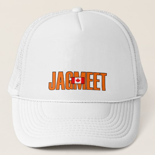 Jagmeet Orange Bold Text Kanadische Flaggenfarbe Truckerkappe (Vorderseite)