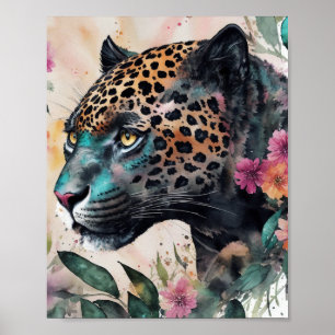 Jaguar-Aquarell-Blumenkunst Poster