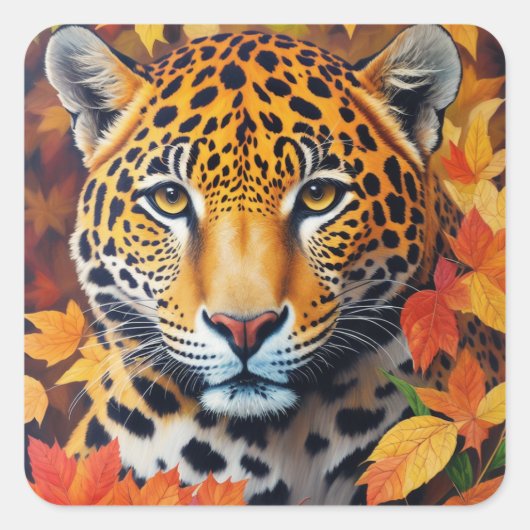 Jaguar Autumn Feline Painting Quadratischer Aufkleber (Vorderseite)