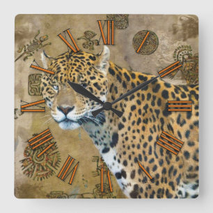 Jaguar & Mayan Temple Ruins Wildlife Wall Clock Quadratische Wanduhr