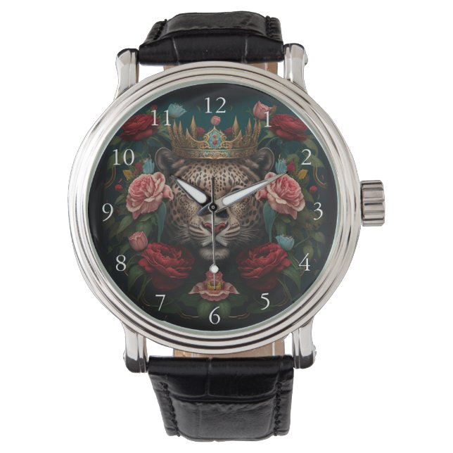 Jaguar mit Blumenkrone Gemälde Armbanduhr (Vorderseite)