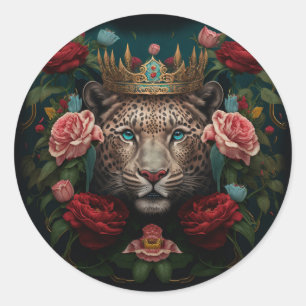 Jaguar mit Blumenkrone Malerei Runder Aufkleber