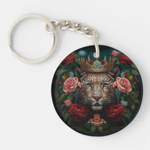 Jaguar mit Krone in Blumen Gemälde Schlüsselanhänger