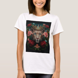 Jaguar mit Krone in Blumenmalerei T-Shirt
