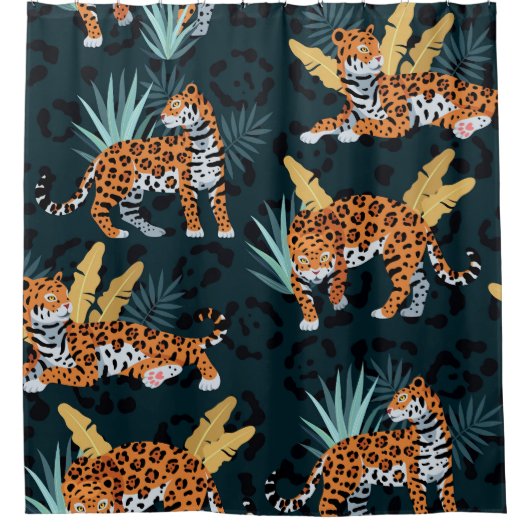 Jaguar Palms Nahtloses Vintages Muster Duschvorhang (Vorderseite)