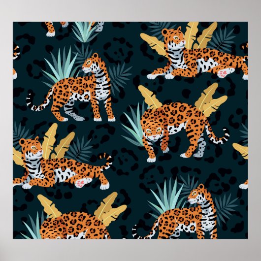 Jaguar Palms Nahtloses Vintages Muster Poster (Vorne)