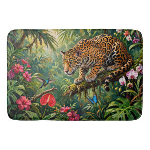 Jaguar Regenwald Kolibris Schmetterlinge Blumen Badematte