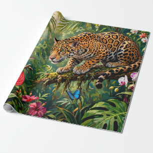 Jaguar Regenwald Kolibris Schmetterlinge Blumen Geschenkpapier