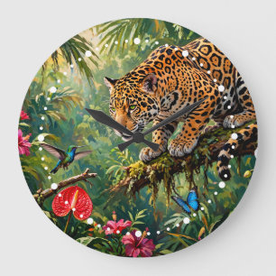 Jaguar Regenwald Kolibris Schmetterlinge Blumen Große Wanduhr