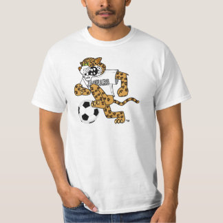 Jaguar-Schulmaskottchen, das Fußball spielt T-Shirt
