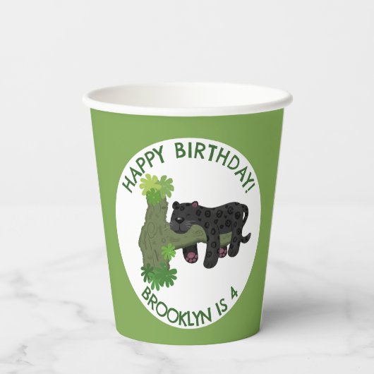 Jaguar schwarzer Panther personalisierter Cartoon  Pappbecher (Rückseite)