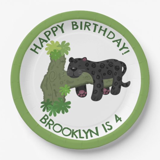 Jaguar schwarzer Panther personalisierter Cartoon Pappteller (Vorderseite)