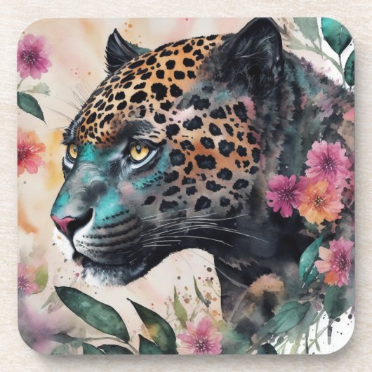 Jaguar Watercolor Floral Art Beauty Coaster Getränkeuntersetzer (Vorderseite)