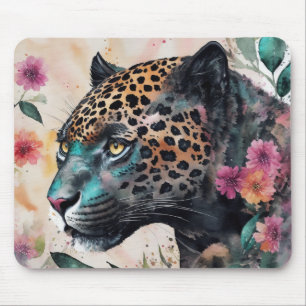 Jaguar Watercolor Floral Art Mousepad