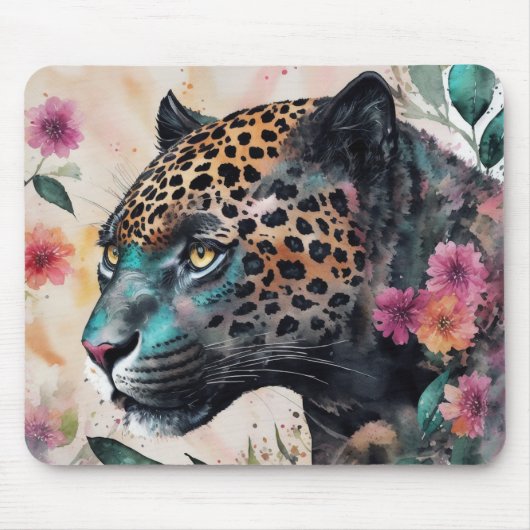 Jaguar Watercolor Floral Art Mousepad (Vorne)