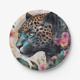 Jaguar Watercolor Floral Art Pappteller