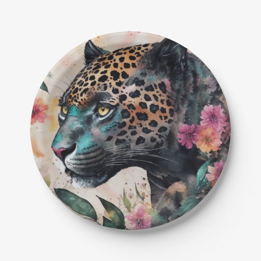 Jaguar Watercolor Floral Art Pappteller (Vorderseite)