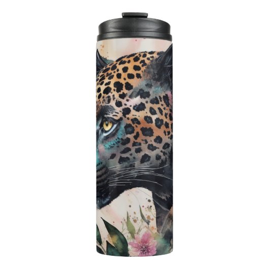 Jaguar Watercolor Floral Artwork Karte Thermosbecher (Vorderseite)
