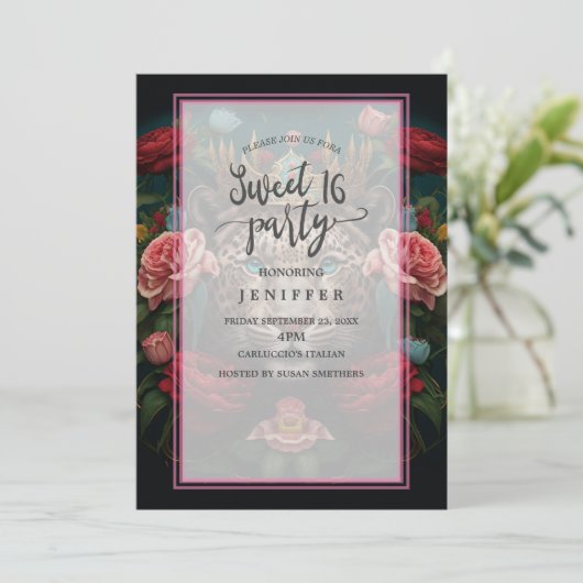 Jaguar with Crown in Flowers Painting              Einladung (Stehend Vorderseite)