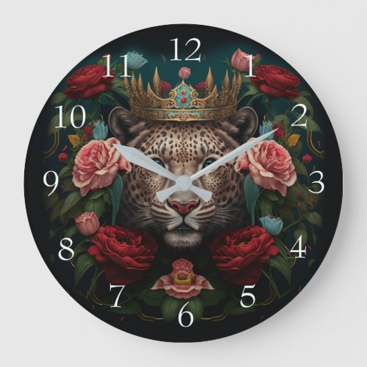 Jaguar with Crown in Flowers Painting             Große Wanduhr (Vorderseite)