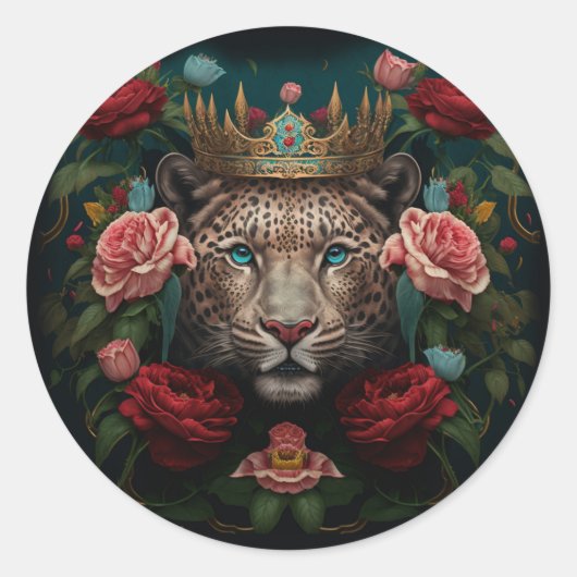 Jaguar with Crown in Flowers Painting              Runder Aufkleber (Vorderseite)