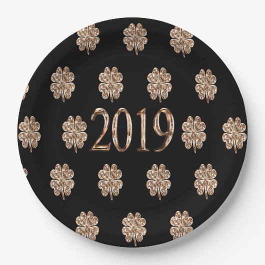 Jahr 2019 Elegante Black and Gold Vier Leaf Clover Pappteller (Vorderseite)