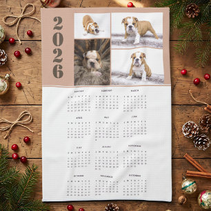 Jahr 2026 Kalender Hund Haustier 4 Foto-Collage Geschirrtuch