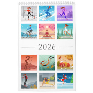 Jahr 2026 Sport Fitness Junge Frau Mädchen Bunt Kalender