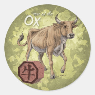 Jahr der Ochsen-chinesischen Tierkreis-Kunst Runder Aufkleber