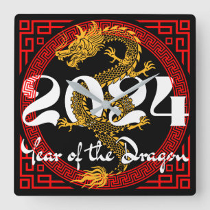 Jahr des Drachen 2024 Chinesisches Sternzeichen Quadratische Wanduhr