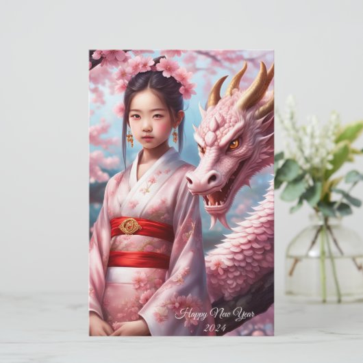 Jahr des Drachen 2024 - Mädchen zwischen Kirschblü Briefpapier (Stehend Vorderseite)