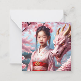 Jahr des Drachen 2024 - Mädchen zwischen Kirschblü Mitteilungskarte