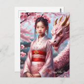 Jahr des Drachen 2024 - Mädchen zwischen Kirschblü Postkarte (Vorne/Hinten)