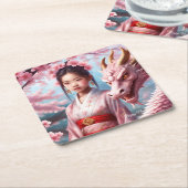 Jahr des Drachen 2024 - Mädchen zwischen Kirschblü Rechteckiger Pappuntersetzer (angewinkelt)