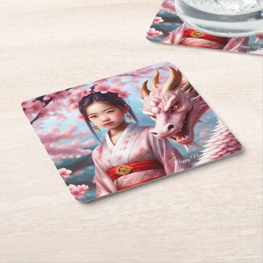 Jahr des Drachen 2024 - Mädchen zwischen Kirschblü Rechteckiger Pappuntersetzer (angewinkelt)